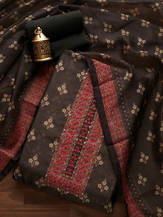Black & Peach-Coloured Embroidered Unstitched Dress Material
