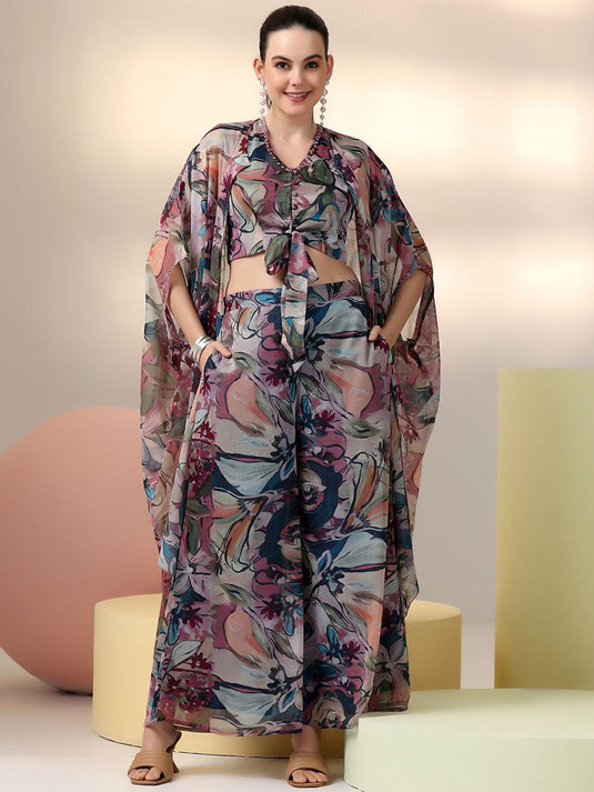 Floral Printed V-Neck Top & Palazzo With Shrug