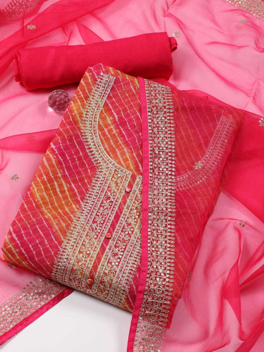 Leheriya Printed Zari Organza Unstitched Dress Material