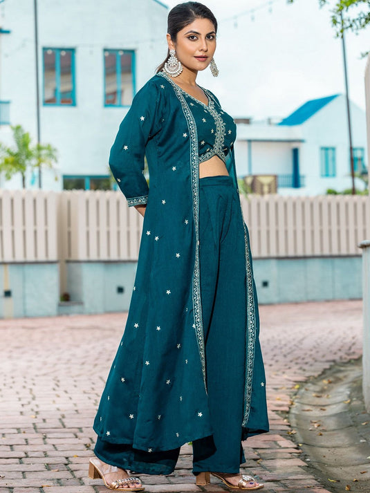 Embroidered V-Neck Top With Palazzos & Shrug