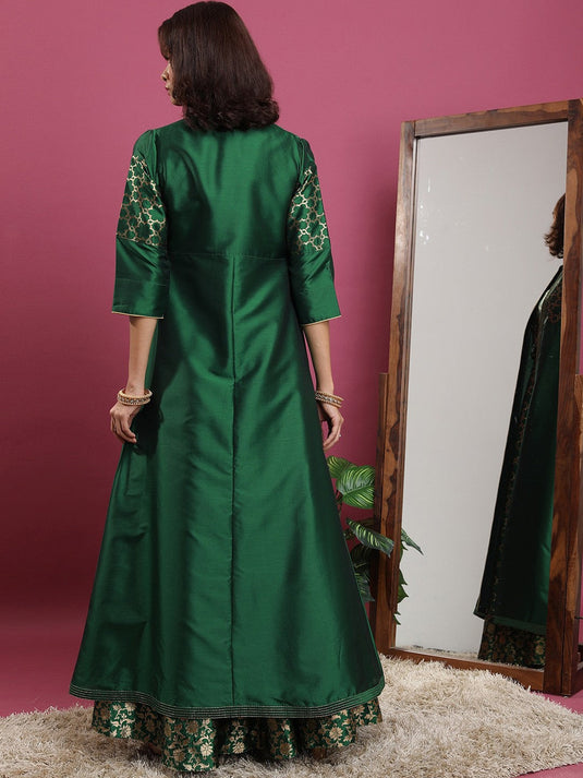 Green Ethnic Motifs Woven Design Crop Top & Skirt With Shrug