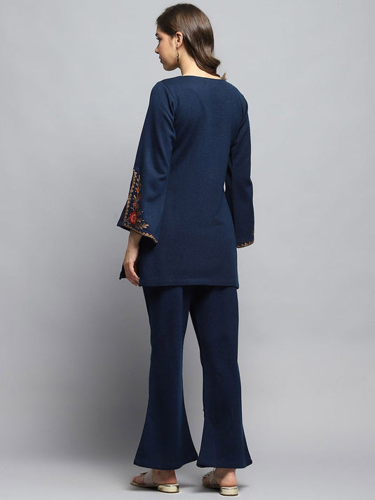 Round Neck Floral Embroidered Straight Tunic With Trousers