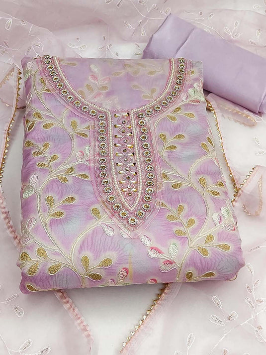 Purple Ethnic Motifs Embroidered Beads and Stones Organza Unstitched Dress Material