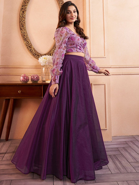 Floral Printed V-Neck Organza Crop Top with Mid-Rise Chanderi Cotton Skirt