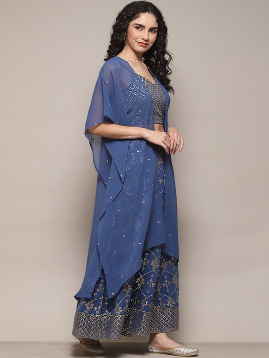 Ethnic Motifs Embroidered Thread Work Crop Top with Palazzos & Shrug