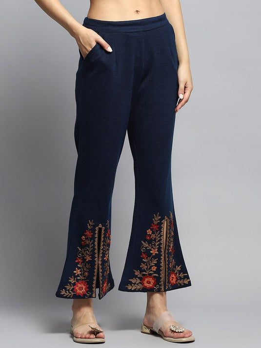 Round Neck Floral Embroidered Straight Tunic With Trousers