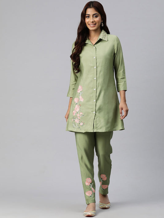 Women Embroidered Pure Silk Co-Ords