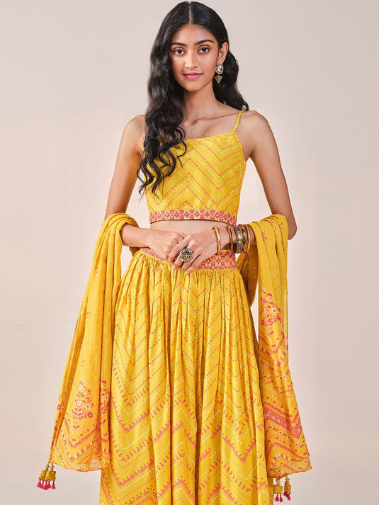 Geometric Printed Sleeveless Top Skirt & Dupatta