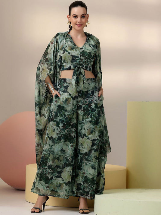 Floral Printed V-Neck Top & Palazzo With Shrug