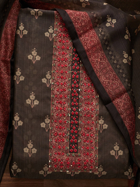 Black & Peach-Coloured Embroidered Unstitched Dress Material