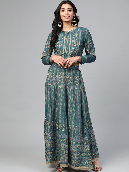 Women Teal Blue & Golden Sustainable Top with Skirt
