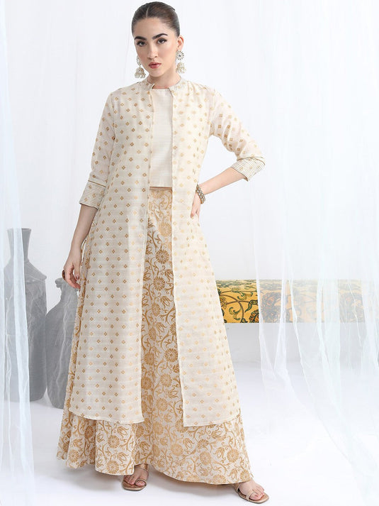 Ethnic Motifs Woven Design Top & Skirt With A-Line Jacket