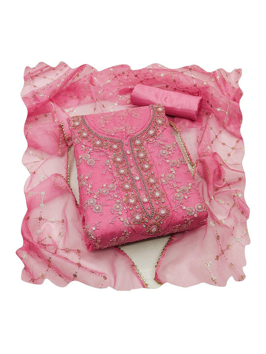 Floral Embroidered Beads and Stones Organza Unstitched Dress Material