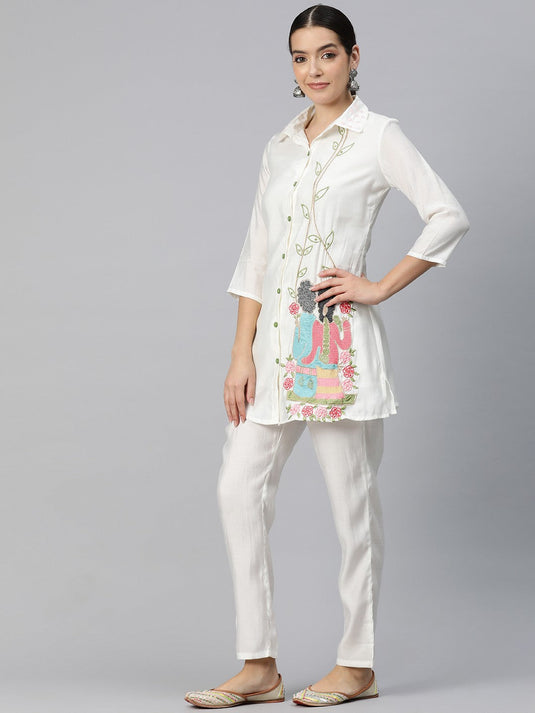 Women Embroidered Pure Silk Tunic with Trousers