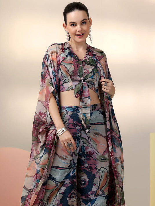 Floral Printed V-Neck Top & Palazzo With Shrug