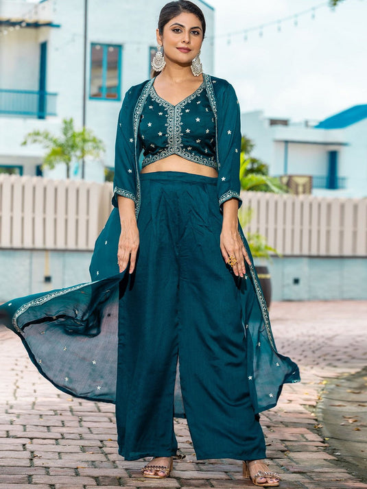 Embroidered V-Neck Top With Palazzos & Shrug