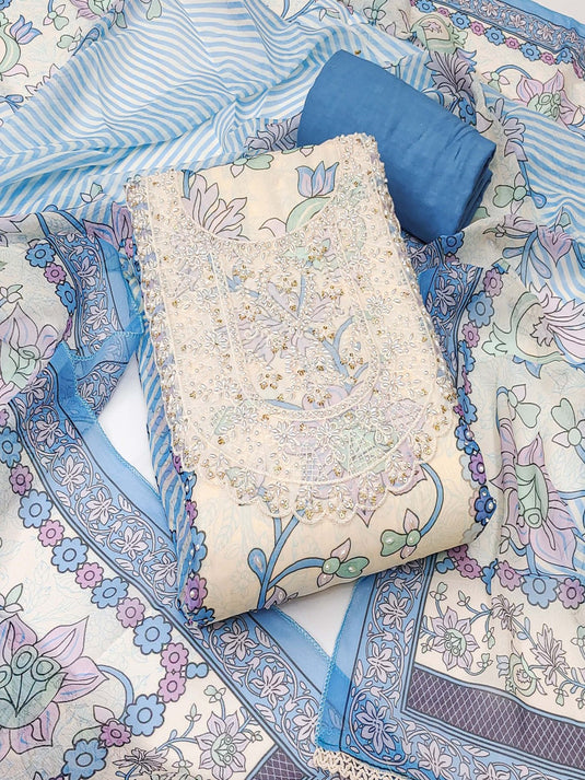 Floral Printed Beads and Stones Organza Unstitched Dress Material
