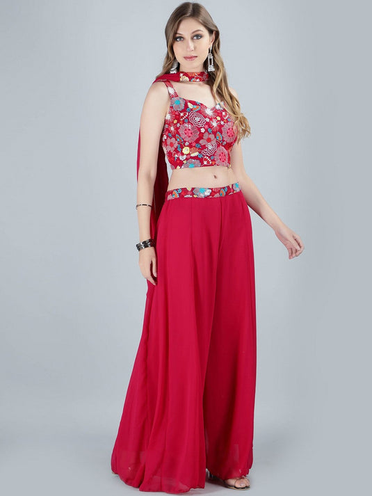 Embroidered Crop Top & Palazzos With Band Dupatta