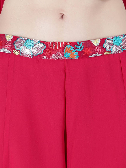 Embroidered Crop Top & Palazzos With Band Dupatta