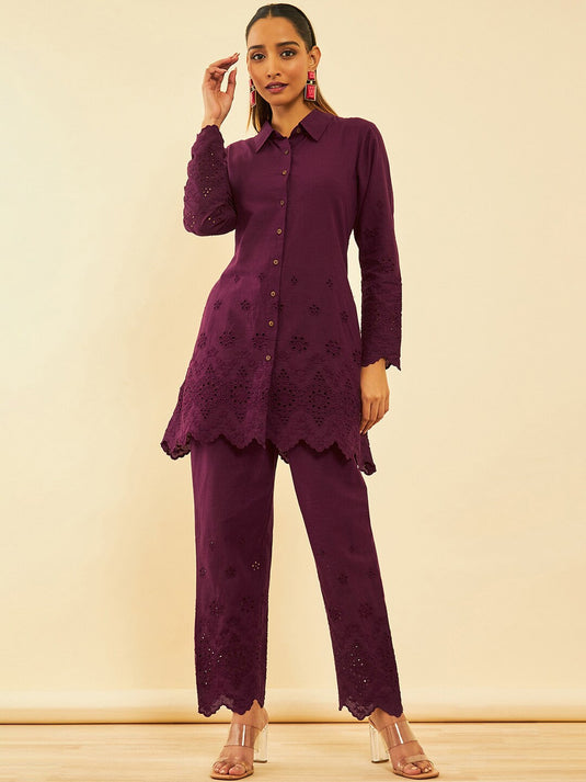 Maroon Self Design Pure Cotton Schiffli Ethnic Tunic With Trousers