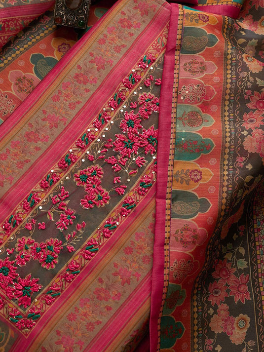 Pink & Green Embroidered Art Silk Unstitched Dress Material