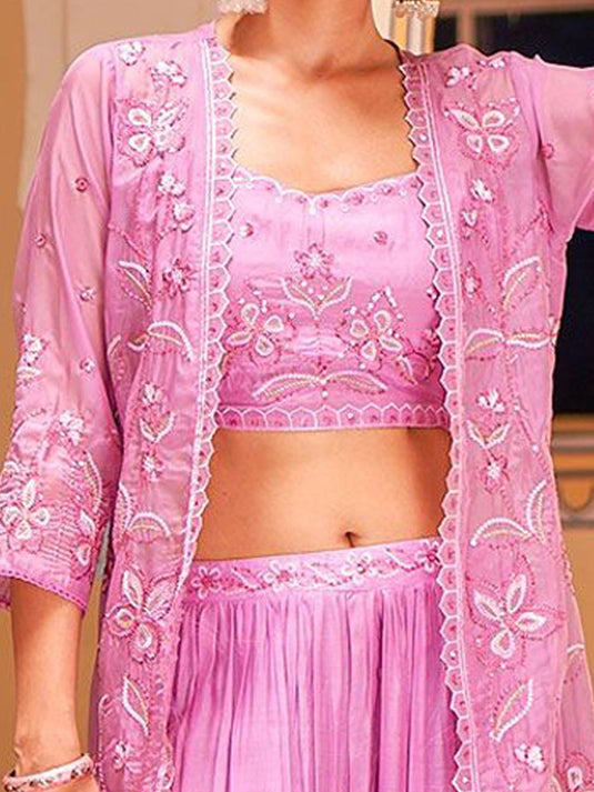 Embroidered Shoulder Straps Neck Sleeveless Top & Palazzo & Shrug