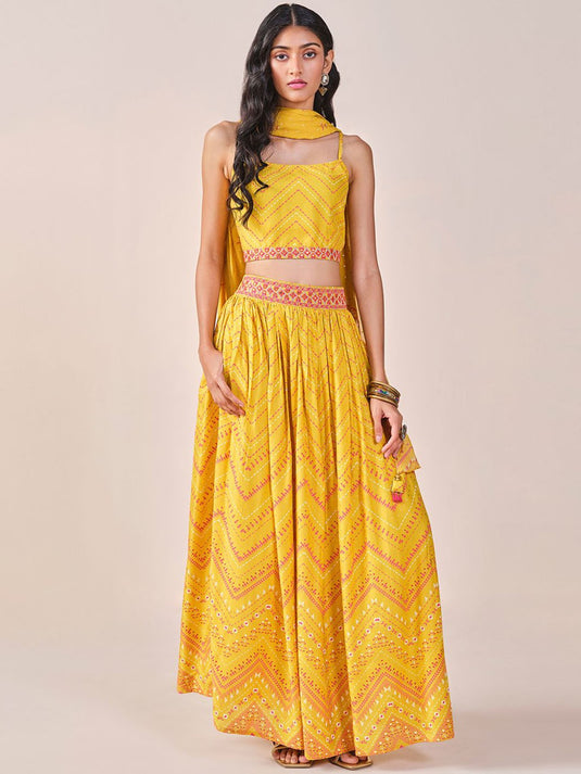 Geometric Printed Sleeveless Top Skirt & Dupatta