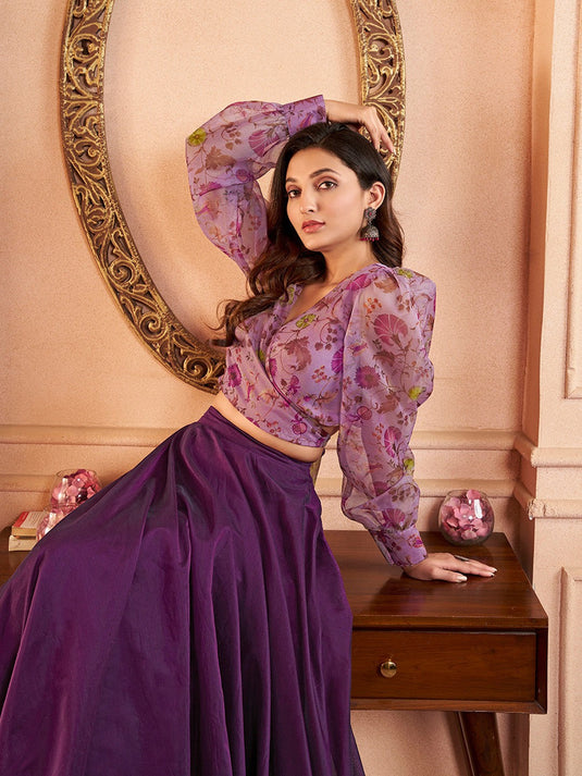Floral Printed V-Neck Organza Crop Top with Mid-Rise Chanderi Cotton Skirt