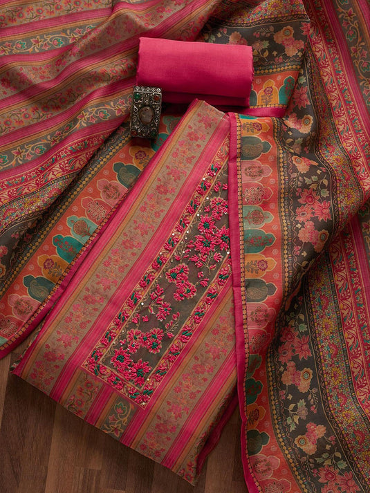 Pink & Green Embroidered Art Silk Unstitched Dress Material