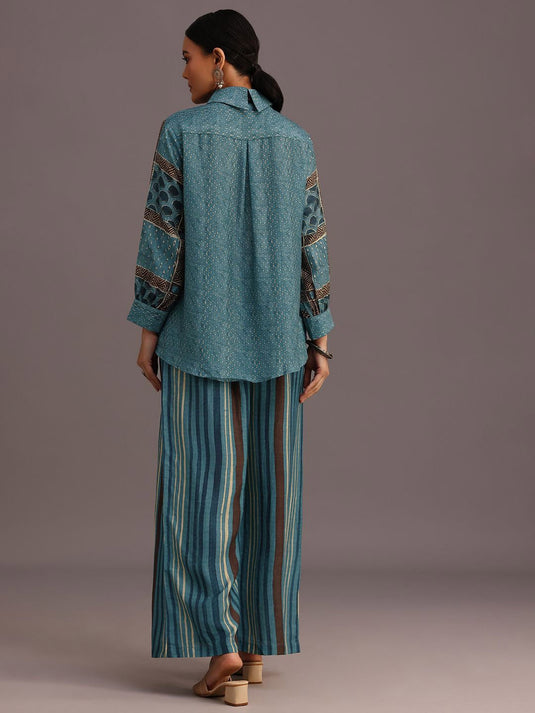 Ethnic Printed Shirt Collar Beads And Stones Linen Shirt & Palazzo