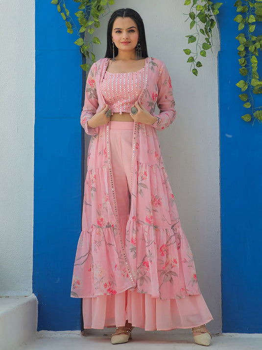 Embroidered Mirror Work Top With Sharara & Shrug