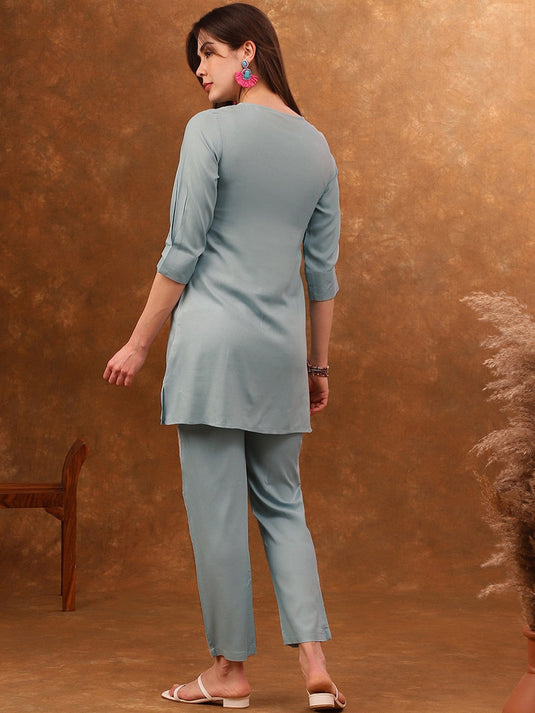 Blue Embroidered Tunic With Trousers Co-Ords