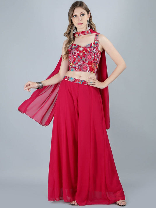Embroidered Crop Top & Palazzos With Band Dupatta