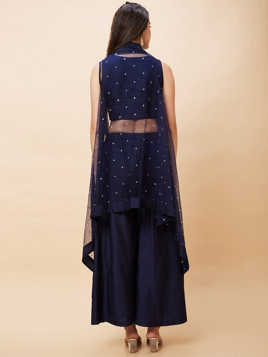 Embroidered Ethnic Crop Top With Longline Shrug & Palazzos