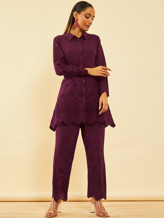 Maroon Self Design Pure Cotton Schiffli Ethnic Tunic With Trousers