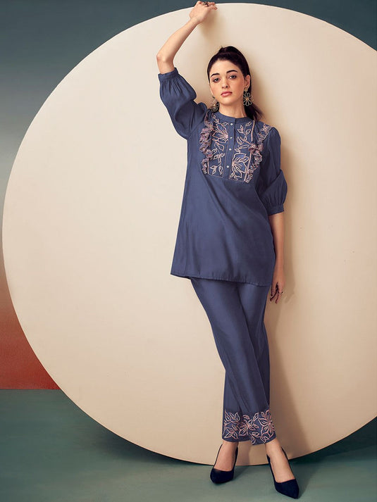 Embroidered Band Collar Tunic With Trouser