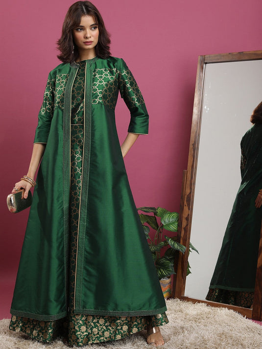 Green Ethnic Motifs Woven Design Crop Top & Skirt With Shrug