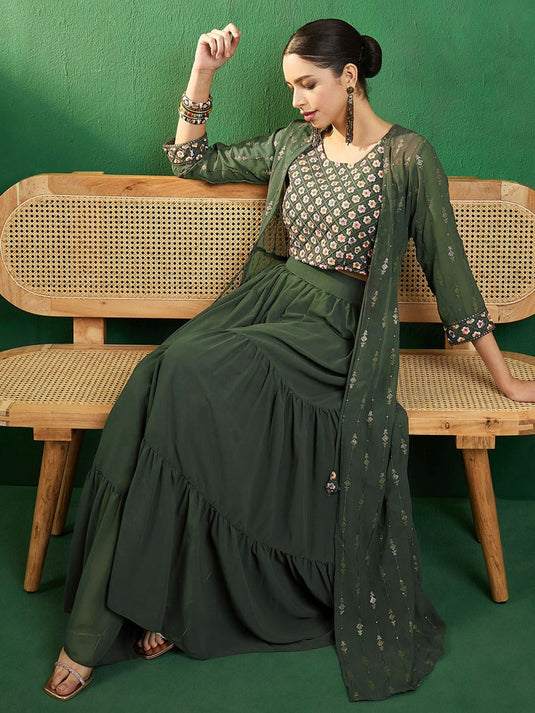 Green Embroidered Ethnic Top with Skirt & Shurg