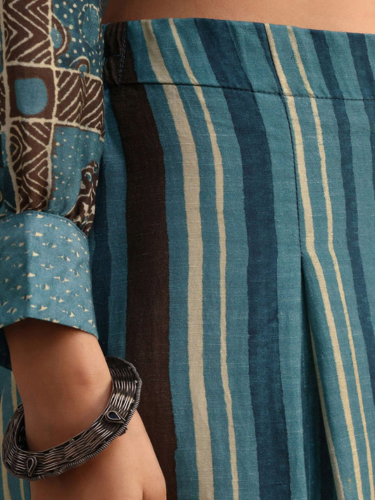Ethnic Printed Shirt Collar Beads And Stones Linen Shirt & Palazzo