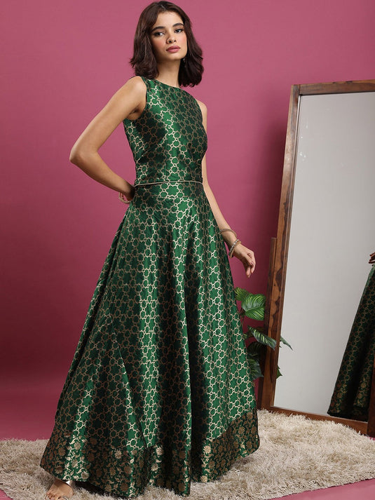 Green Ethnic Motifs Woven Design Crop Top & Skirt With Shrug
