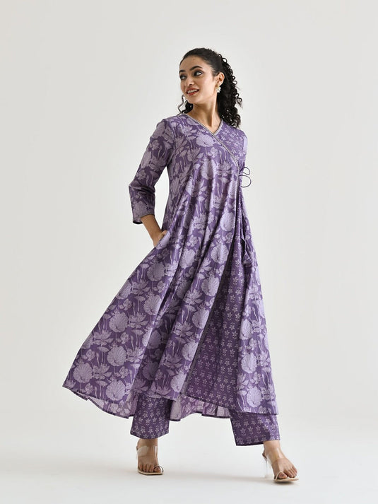 Floral Printed Angarakha Pure Cotton Tunic With Trousers