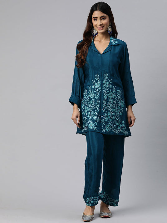 Floral Embroidered Pure Silk Tunic with Trousers