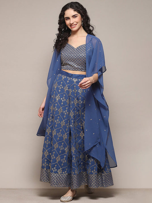 Ethnic Motifs Embroidered Thread Work Crop Top with Palazzos & Shrug