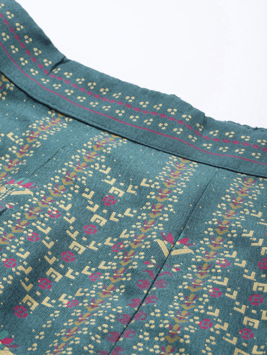 Women Teal Blue & Golden Sustainable Top with Skirt