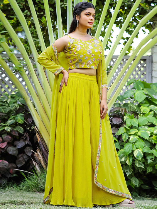 Embroidered Sleeveless Top & Palazzos With Shrug