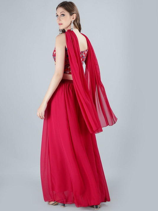 Embroidered Crop Top & Palazzos With Band Dupatta
