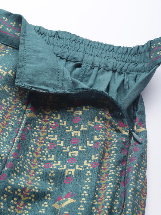 Women Teal Blue & Golden Sustainable Top with Skirt