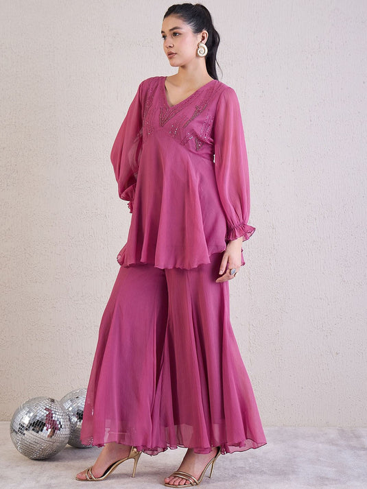 Embellished V Neck Tunic With Palazzo