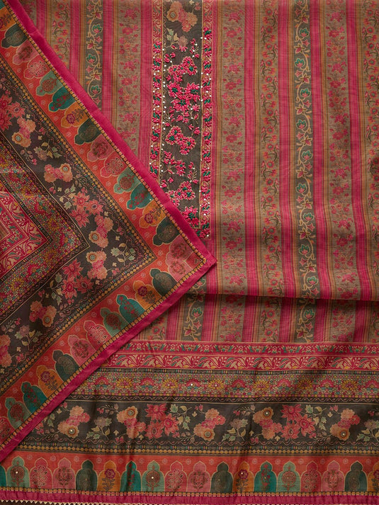 Pink & Green Embroidered Art Silk Unstitched Dress Material