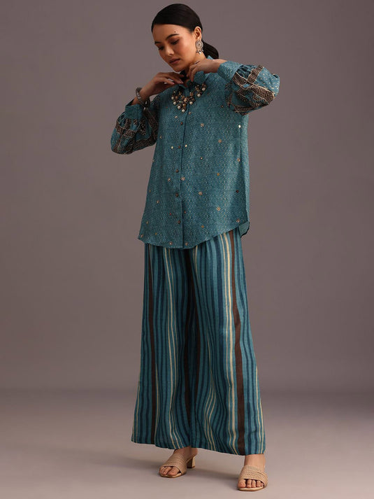Ethnic Printed Shirt Collar Beads And Stones Linen Shirt & Palazzo